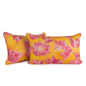 Tropicana linen by Bethie Tricks in pink and yellow, large tropical flowers made into a cushion