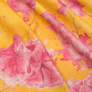 Tropicana linen by Bethie Tricks in pink and yellow, draped, showing large tropical flowers