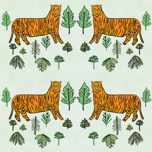 Tiger Tiger wallpaper by Annika Reed in mint green and orange, pattern sample of tigers and trees
