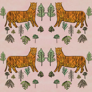 Tiger Tiger velvet by Annika Reed in pink and orange, pattern sample of tigers and trees
