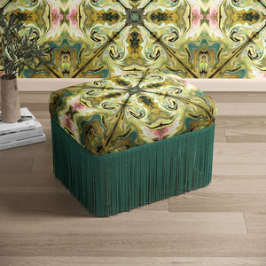 Versailles Eco velvet by Liberty James Studio in green and pink upholstered on a fringed footstool