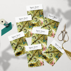 Versailles Eco velvet by Liberty James Studio in green and pink, sample swatch set showing an ornate kaleidoscope design