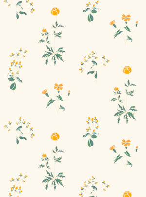 Victoria wallpaper by Claire de Quénetain in cream, full repeat of scattered flowers