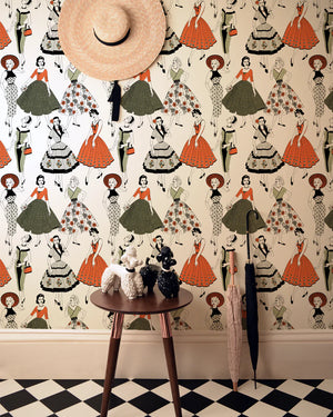 Vintage Dress wallpaper by Dupenny in multicolour, 1950s dresses on a feature wall