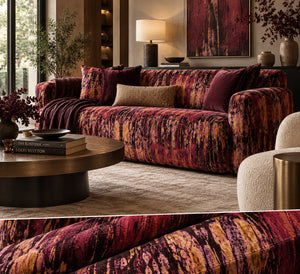 Volcanic Lava velvet by Dami and Em Design in red, molten stripes in a living room