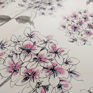 White Hydrangea fabric by Seed Home Designs in pink and grey, flat sample of hydrangea flower heads