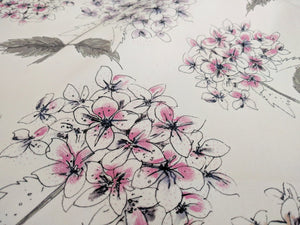 White Hydrangea fabric by Seed Home Designs in pink and grey, flat sample of hydrangea flower heads