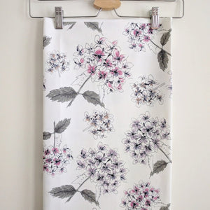 White Hydrangea fabric by Seed Home Designs in pink and grey, full repeat of hydrangea flower heads