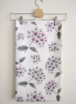 White Hydrangea fabric by Seed Home Designs in pink and grey, full repeat of hydrangea flower heads