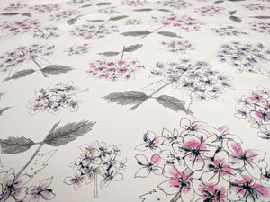 White Hydrangea fabric by Seed Home Designs in pink and grey, pattern sample of hydrangea flower heads