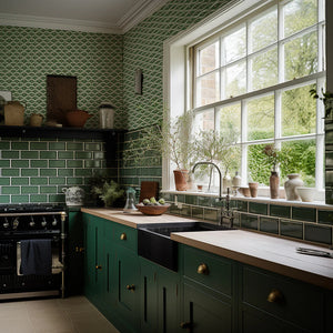 Wiggly Squiggly wallpaper by Annika Reed in green, wiggly waves behind bar stools