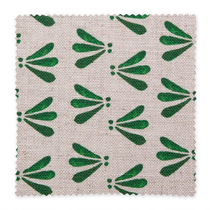 Wild linen by Bethie Tricks in green, full repeat of block-print leaf sprigs