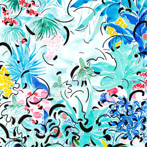 Wild Is the Wind linen by Claire de Quénetain in blue and pink, full repeat of a hand-painted floral design