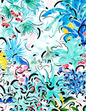 Wild Is the Wind linen by Claire de Quénetain in blue and pink, full repeat of a hand-painted floral design