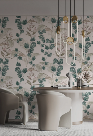 Wild Ivy wallpaper by Deus ex Gardenia in grey, climbing ivy in a dining room