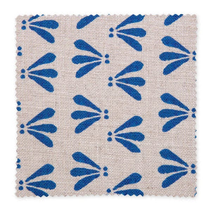 Wild linen by Bethie Tricks in blue, flat sample of block-print leaf sprigs