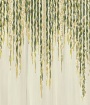 Willow wallpaper by Dami and Em Design in green and cream, flat sample of trailing willow leaves