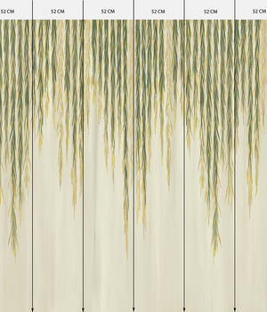 Willow wallpaper by Dami and Em Design in green and cream, full repeat of trailing willow leaves