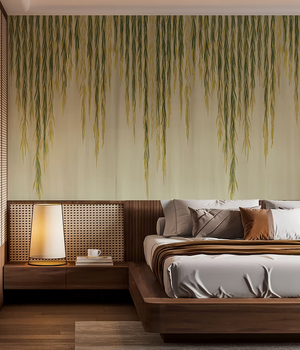Willow wallpaper by Dami and Em Design in green and cream, trailing willow leaves in a bedroom