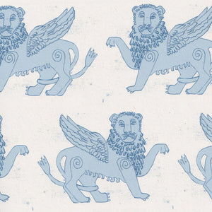 Winged Lion wallpaper by Annika Reed in blue, close view of winged lions