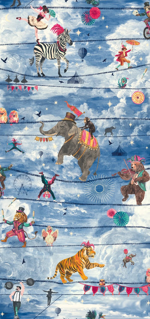 Wired wallpaper by Brand McKenzie in blue, close-up of animals perched on telegraph wires