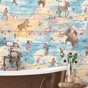 Wired wallpaper by Brand McKenzie in blue, animals perched on telegraph wires in a bathroom setting