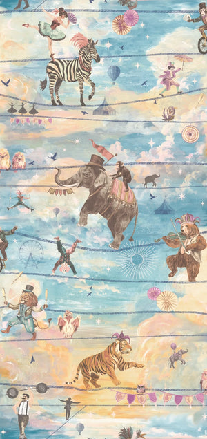 Wired wallpaper by Brand McKenzie in blue and peach, detail of animals perched on telegraph wires