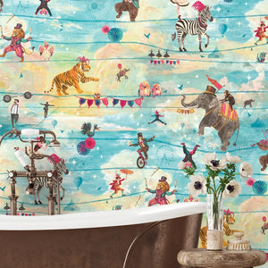 Wired wallpaper by Brand McKenzie in aqua, animals perched on telegraph wires in a bathroom