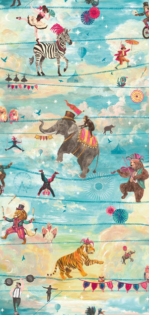 Wired wallpaper by Brand McKenzie in aqua, pattern detail of animals perched on telegraph wires