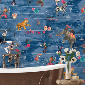 Wired wallpaper by Brand McKenzie in navy, animals perched on telegraph wires on a bathroom wall