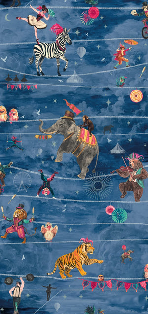 Wired wallpaper by Brand McKenzie in blue, detail of animals perched on telegraph wires