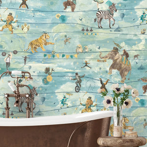 Wired wallpaper by Brand McKenzie in blue, animals perched on telegraph wires on a bathroom wall