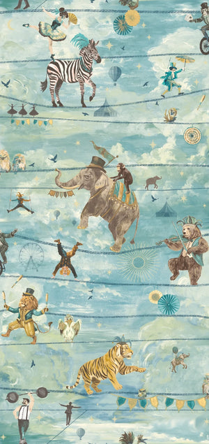 Wired wallpaper by Brand McKenzie in blue, close view of animals perched on telegraph wires