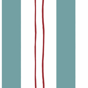 Wobble Small wallpaper by Annika Reed in teal and red, flat sample of wobbly stripes
