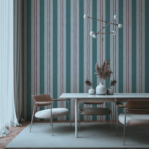 Wobble Large wallpaper by Annika Reed in teal and red, wobbly stripes in a dining area