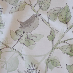 Wrens in the Ivy linen by Seed Home Designs in cream and green, draped, showing wrens among ivy (alternate view)