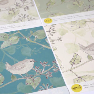 Wrens in Ivy wallpaper by Seed Home Designs in white, full repeat of wrens among ivy
