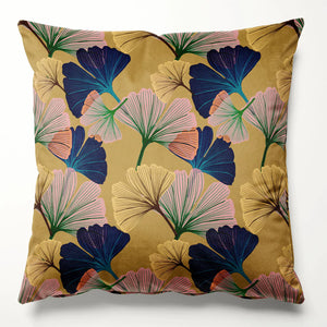 Ginkgo velvet by Tatie Lou in yellow, oversized ginkgo leaves on a scatter cushion