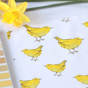Yellow Bird fabric by Seed Home Designs in yellow and white, full repeat of little yellow birds