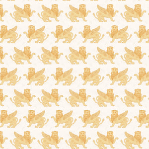 Winged Lion linen by Annika Reed in mustard, flat sample of winged lions