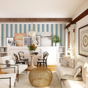 Zig and Zag wallpaper by Annika Reed in blue, zigzag stripes in a living room