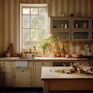 Zig and Zag wallpaper by Annika Reed in mustard, zigzag stripes in a kitchen