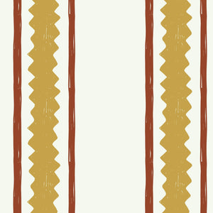Zig and Zag wallpaper by Annika Reed in mustard and red, full repeat of zigzag stripes